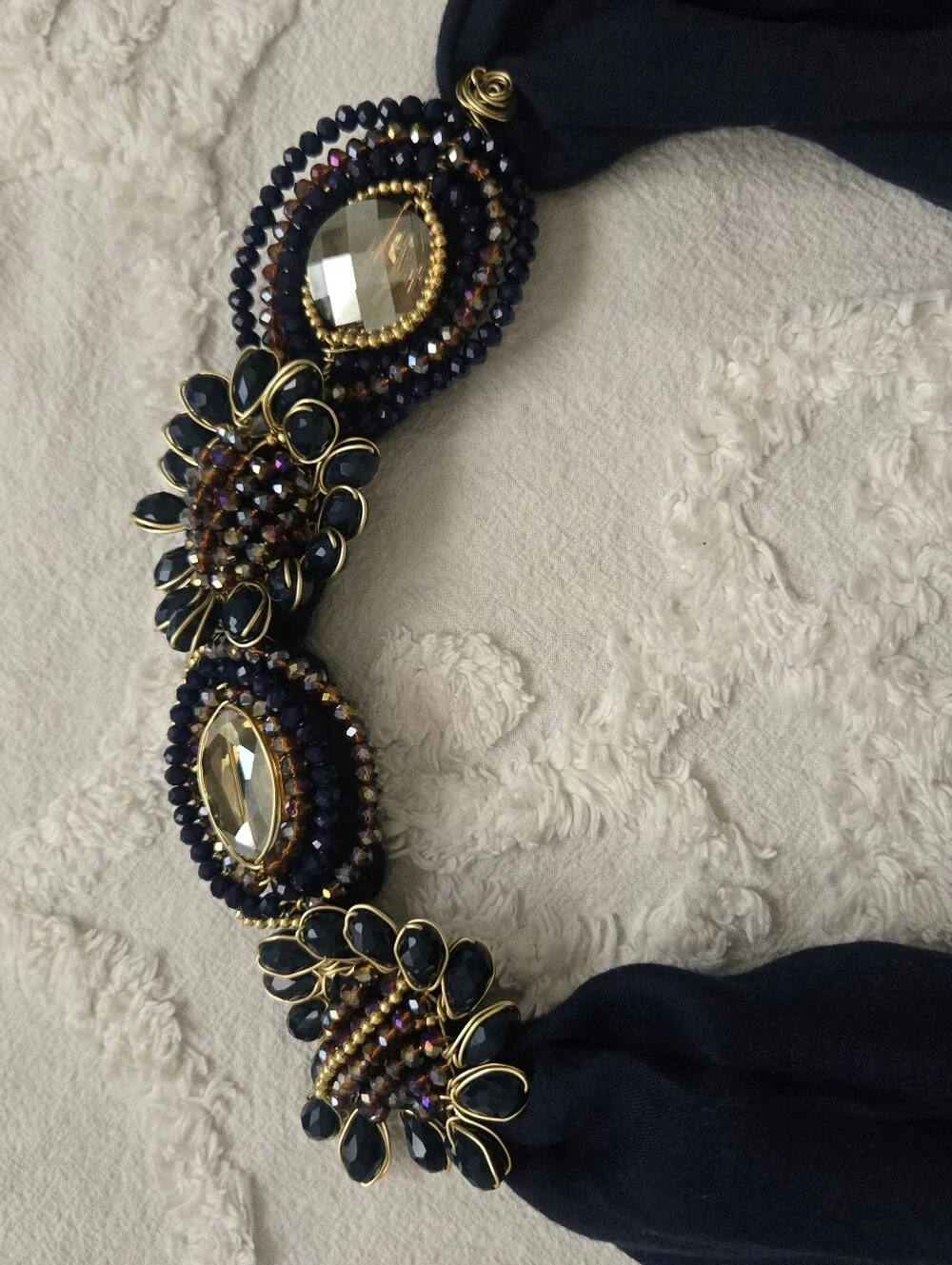 Vtg 80s 90s Flowy Faceted Jewel Embellished Neck Scarf, Party, Formal, Navy